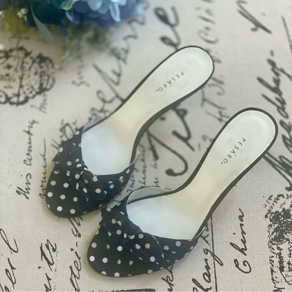 Pesáro Jaynie Navy Polka Dot Kitten Heel Open Toe Sandals with Bow 7.5 - Picture 5 of 10